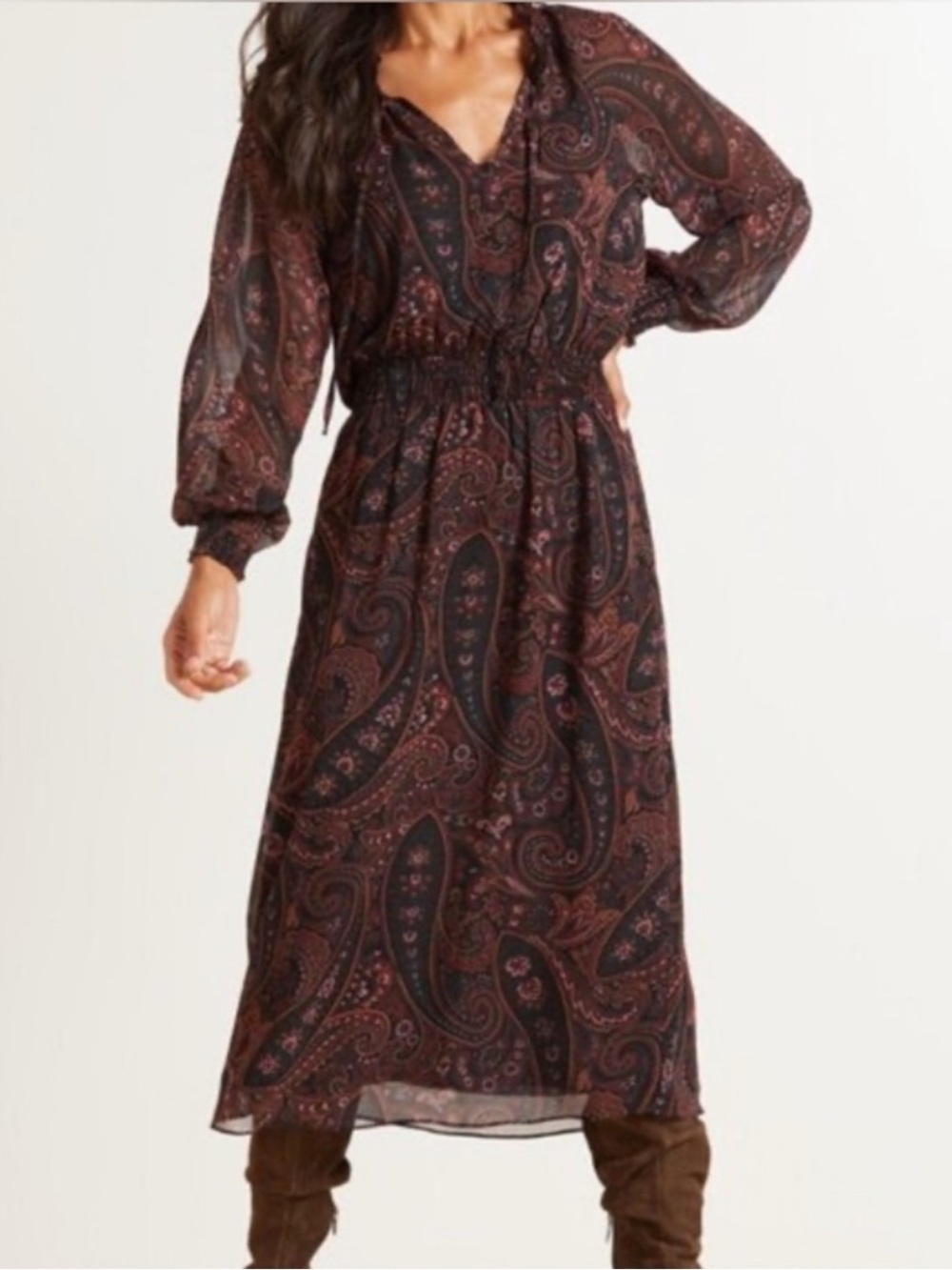 Allison Joy NWT Alexis Black Rust Pine Paisley Print Smocked Waist Midi Dress